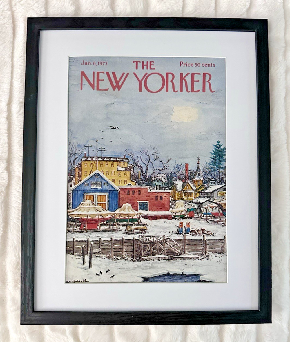 Framed 1973 The New Yorker Magazine Jan 6 Winter Harbor Town A. Hubbell